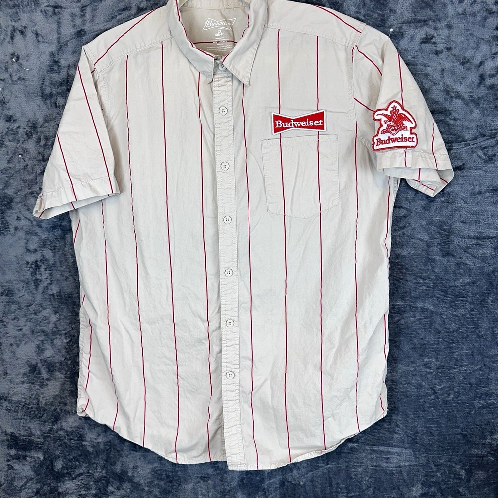 Budweiser Button Up Short Sleeve Shirt XL Cotton Gray Red Stripe Pockets Emb